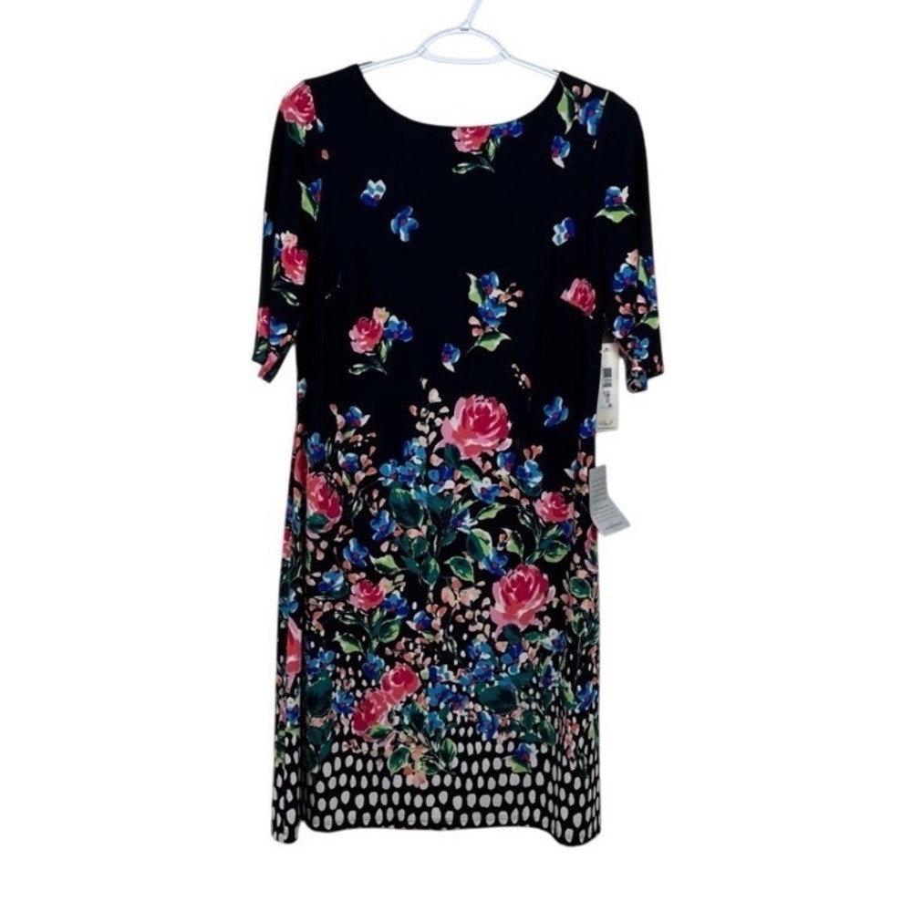 Eliza J Navy Floral Polka Dot Shift Dress Gold Zip Back Size 6 NWT - Picture 2 of 11